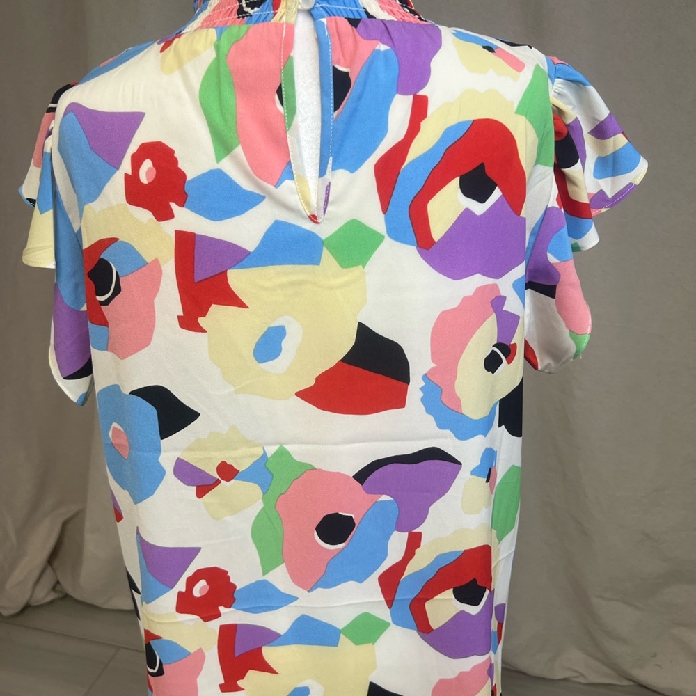 THML Colorful Smocked Mock Neck Ruffled Cap Abstract Print Blouse Sz M - Picture 5 of 9